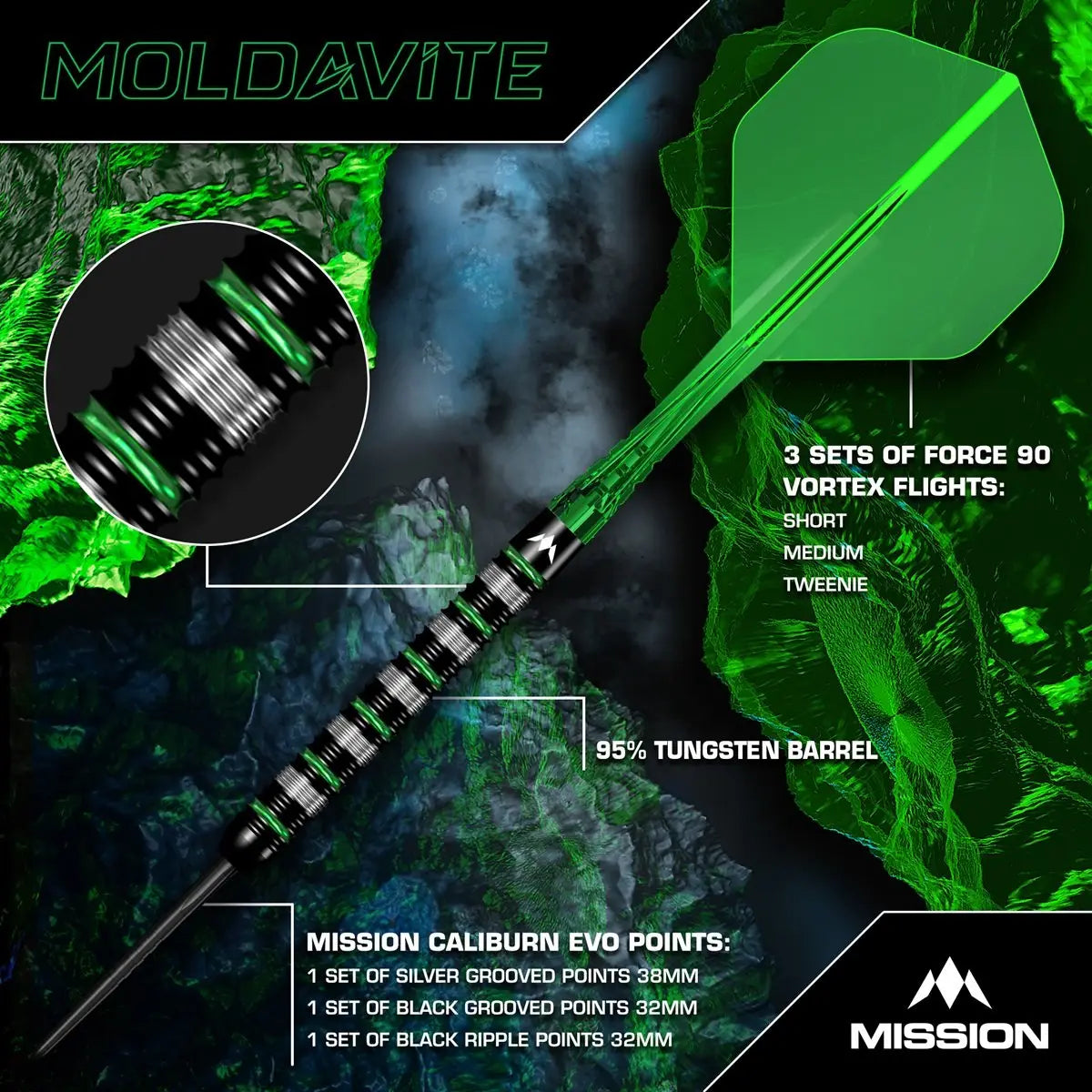 Mission Moldavite Black & Green 95% Steeldarts